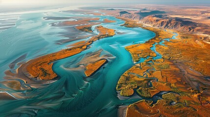 Aerial view capturing abstract tidal patterns along the coast, with vibrant blues and greens interwoven with golden sands..