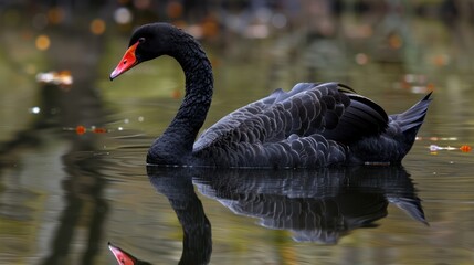 Obraz premium black swan float in water river lake and reflection