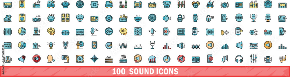 Poster 100 sound icons set. color line set of sound vector icons thin line color flat on white