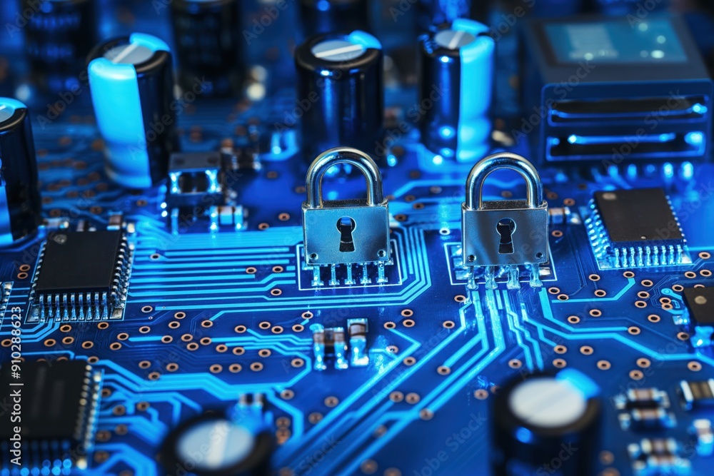 Poster cyber security concept featuring locks on blue integrated circuit protecting data from hacker attack