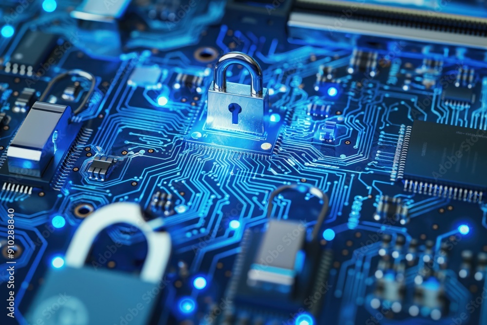 Poster secure data protection concept with locks on integrated circuit. firewall safeguards against hacker 