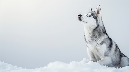 Fototapeta premium A majestic Husky sitting on a snowy white background with space above for text
