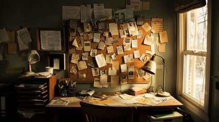 A cluttered desk with a cork board full of notes and pictures
