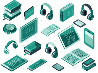 digital learning elements like an e-book, tablet, online course, headphones, and virtual classroom