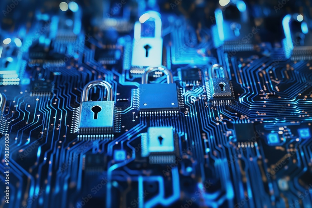 Poster a close-up of a blue integrated circuit with locks securing sensitive data from hacker attack. cyber