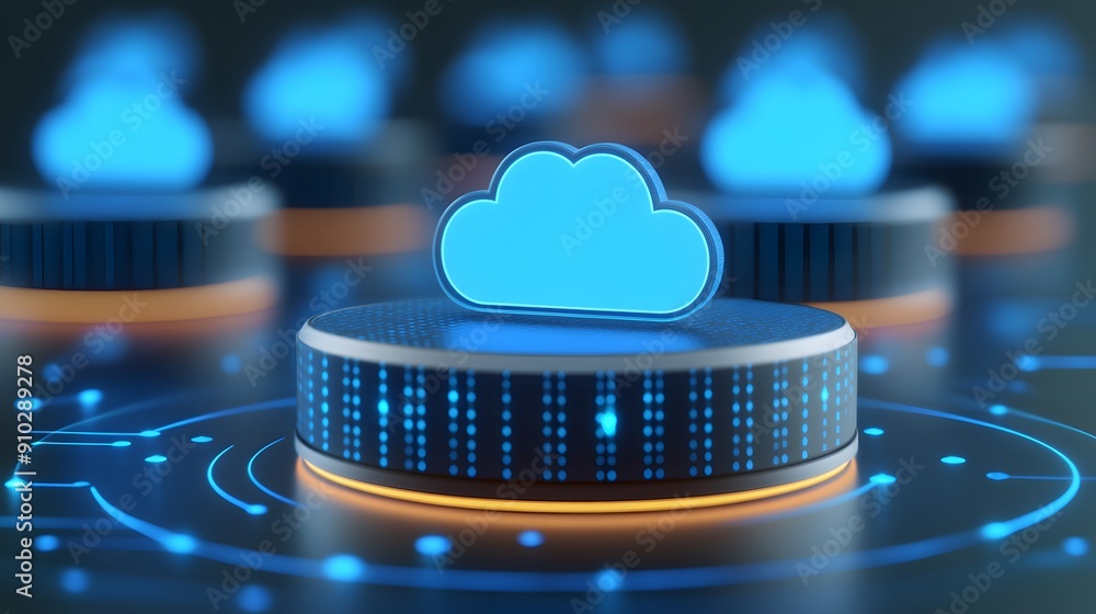 Poster futuristic cloud computing concept with digital data technology represented by glowing blue cloud ic