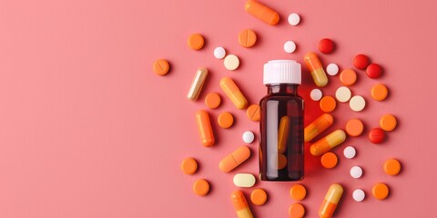 Bottle and scattered pills on color red background, top view. Space for text