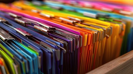 A row of colorful folders are stacked in a filing cabinet