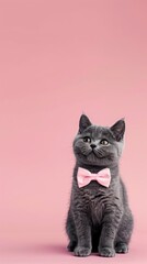 Obraz premium Cute gray cat sitting in a bow tie on a pink background. Monochrome background with space for text. Postcard with a cat for Valentine's Day, Spring, Women's Day and copy space with generative ai
