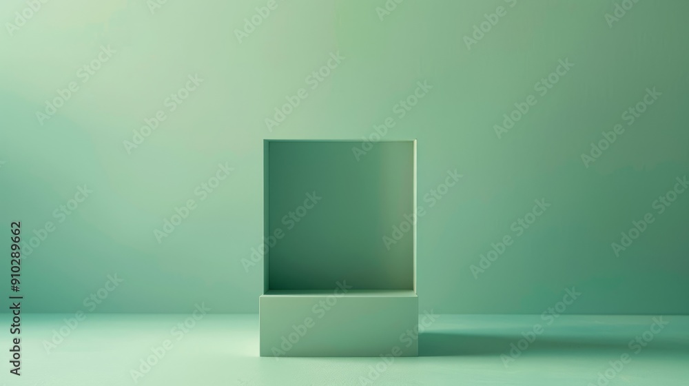 Poster minimalist green platform display. a simple green platform with a backdrop of muted green wall, prov