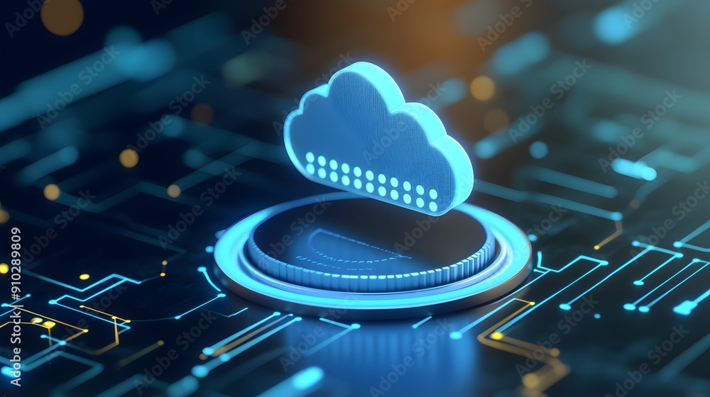 Poster futuristic cloud computing concept with glowing blue digital interface, representing data storage, c