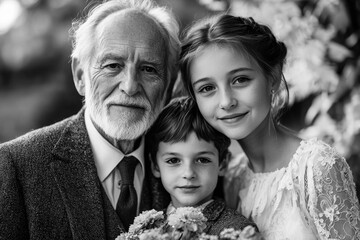 Grandfather with his granddaughters, black and white portrait of happy people, concepts for Father's Day or National Grandparents' Day