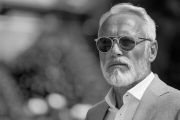 Portrait of an elderly gentleman in a casual suit and sunglasses, Father's Day concept