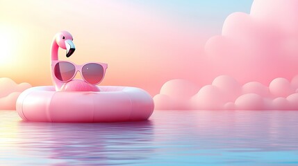Dreamy Pink Flamingo Pool Toy with Sunglasses at Sunset