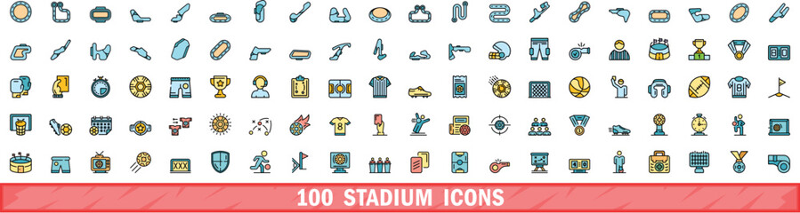 100 stadium icons set. Color line set of stadium vector icons thin line color flat on white