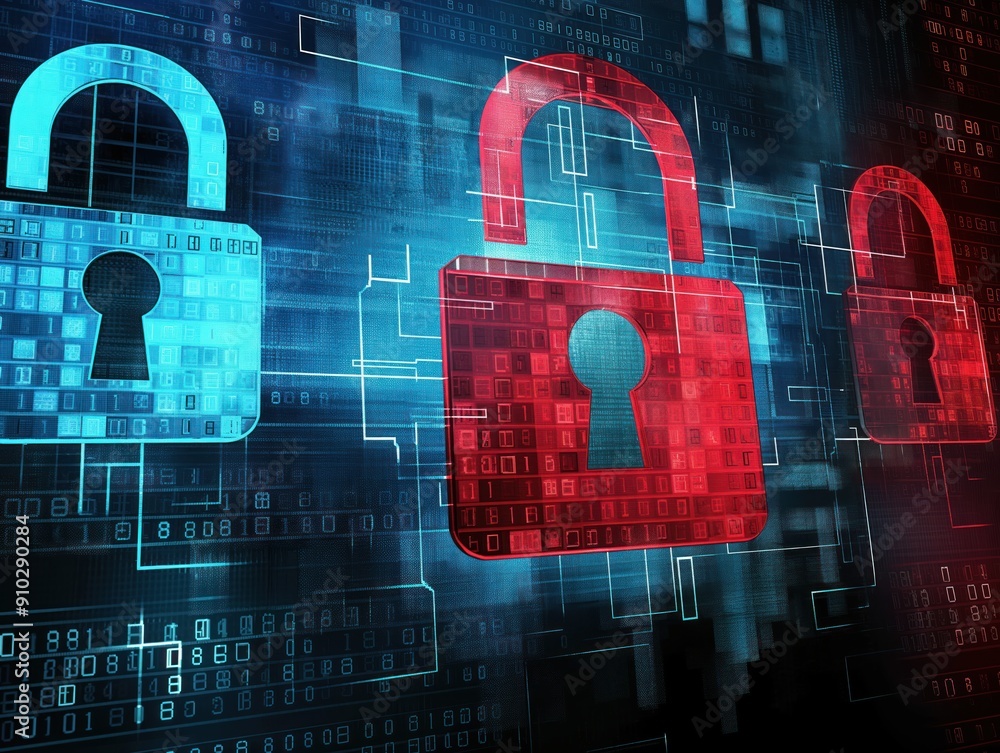 Poster digital lock on computer screen features binary code padlock with keyhole icon. background is abstra
