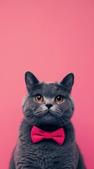 Cute gray cat sitting in a bow tie on a pink background. Monochrome background with space for text. Postcard with a cat for Valentine's Day, Spring, Women's Day and copy space with generative ai