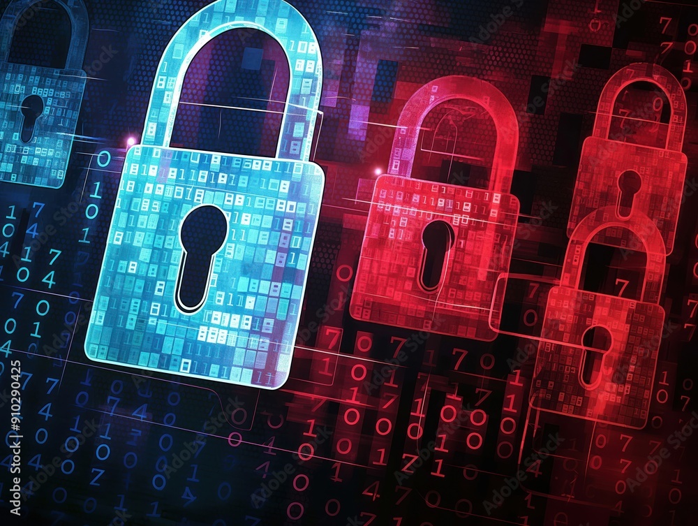 Poster abstract digital screen displays a lock icon, binary code, and encrypted data. security concept feat