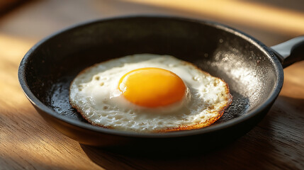Close-up of a sunny-side-up fried egg in a cast-iron skillet on a wooden surface, bathed in warm natural light.