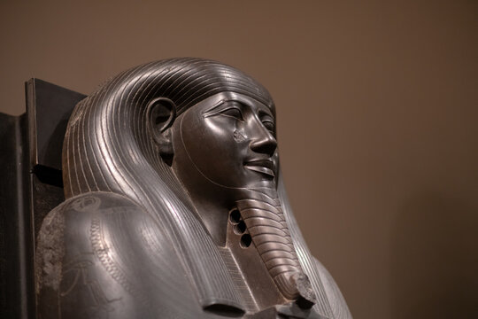 history of the Egyptians, black stone sarcophagus of the vizier gemenefherbak 664-525 BC from archaeological excavation of the Drovetti Collection, Egyptian Museum Turin, Italy July 24, 2024
