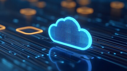 Futuristic cloud computing concept with glowing icons on a digital background, representing technology and data storage advancements.
