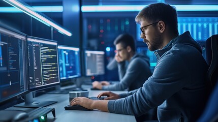 Young professionals work together as team in futuristic control room. Software developers, programmers, engineers, surrounded by computer servers, racks. Team diverse, with women, working together,