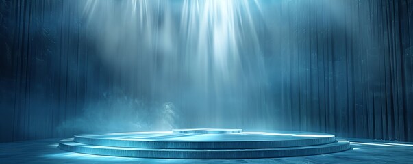 Platform with shimmering azure light rays backdrop, presentation stage design