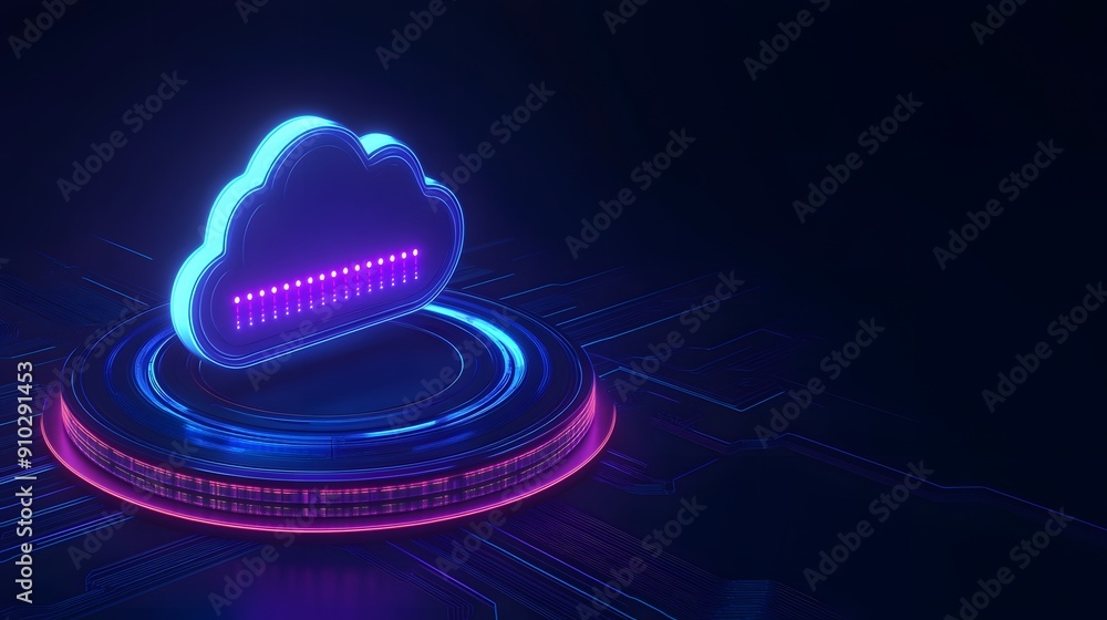 Aufkleber futuristic cloud computing concept with glowing neon lights and digital technology elements on a dar