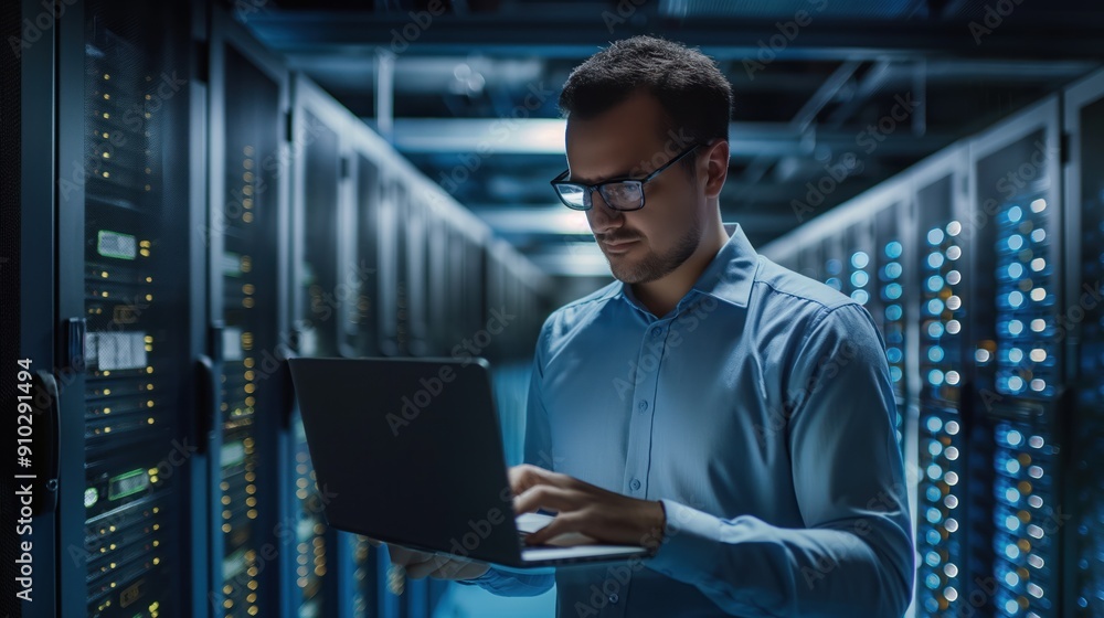 Poster it specialist works on laptop in data center server farm cloud computing facility. male administrato