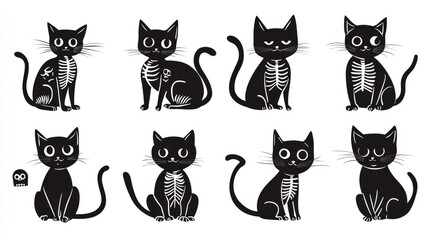 Collection of funny black cats in skeleton costumes, silhouette style, perfect for Halloween, tattoo designs, vector on white background.
