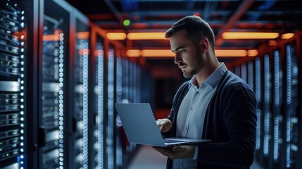 Fototapeta premium Male IT specialist works on laptop in server farm data center. Administrator configures cyber security and network protection for cloud computing facility.