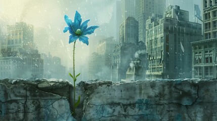 Blue flower growing through city ruin. A single blue flower blossoms through a crack in a concrete wall in a deserted cityscape, a symbol of hope and resilience.