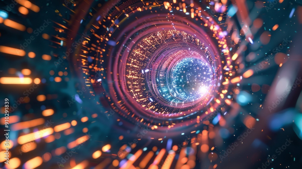 Poster abstract tunnel of light and color. a vibrant, colorful tunnel with a glowing, futuristic feel. the 