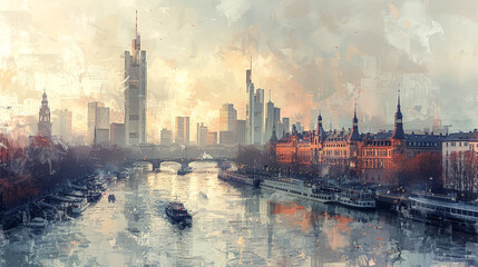 Obraz premium A painting of a city with a river running through it.