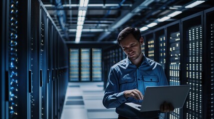 Male IT specialist works on laptop in server farm data center. Cloud computing facility background shows rows of servers. Administrator monitors network protection and cyber security.