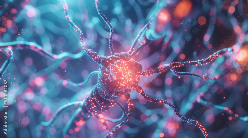 Poster glowing nerve cell network. abstract representation of a neuron with bright red glowing points, symb