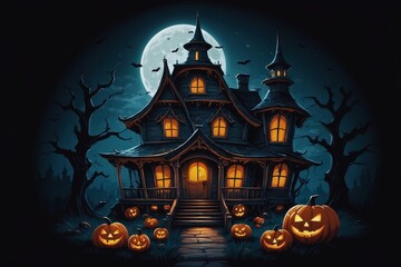 Colorful spooky scary dark Halloween fall autumn decoration background illustration with pumpkins and haunted house, moon, seasonal holiday theme concept.  