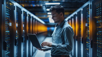 Male IT specialist works on laptop in data center surrounded by server racks, cloud computing facility with network infrastructure. Cyber security and maintenance administration tasks.