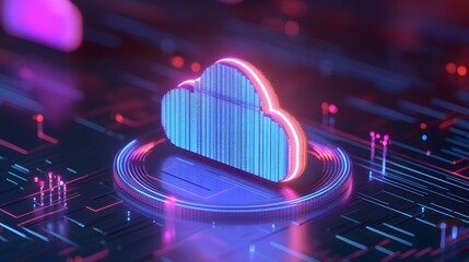 Futuristic cloud computing concept with neon lights, symbolizing technology and data storage in a digital environment.