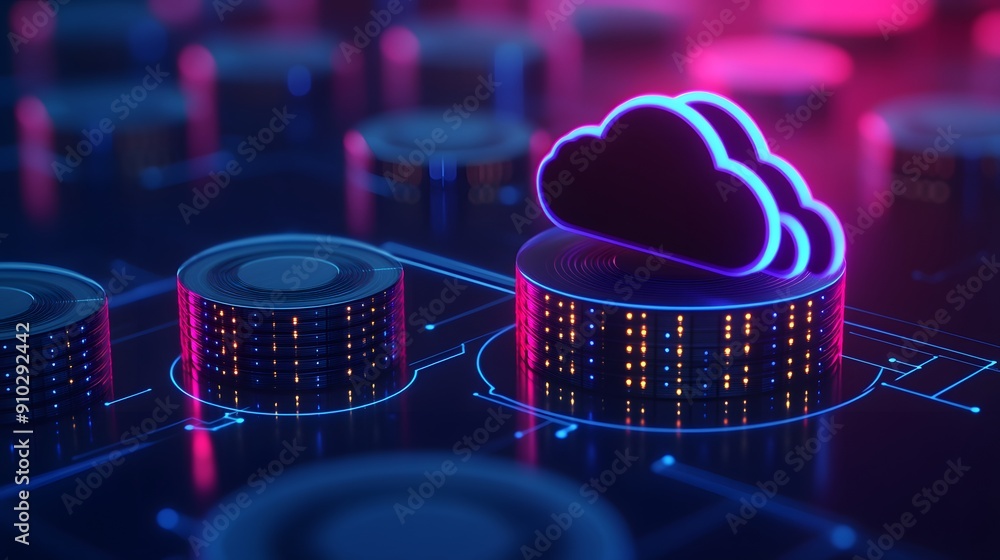 Poster futuristic cloud computing concept with neon lights and data servers, representing modern data stora