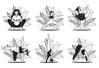 Diverse Women in Line Art Doing Yoga