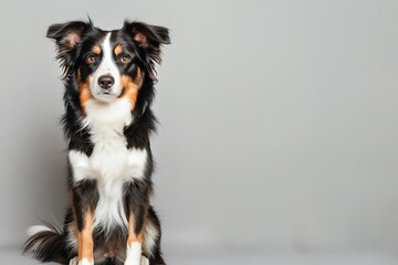 A cheerful Border Collie sitting on a solid grey background with space above for text