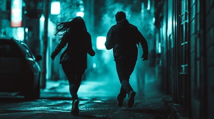 A man and a woman running down a city street at night
