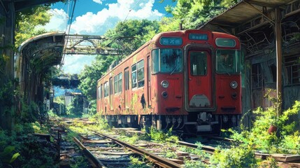 Obraz premium Detailed anime art of an abandoned train, highlighting the contrast between vibrant nature and derelict structures.