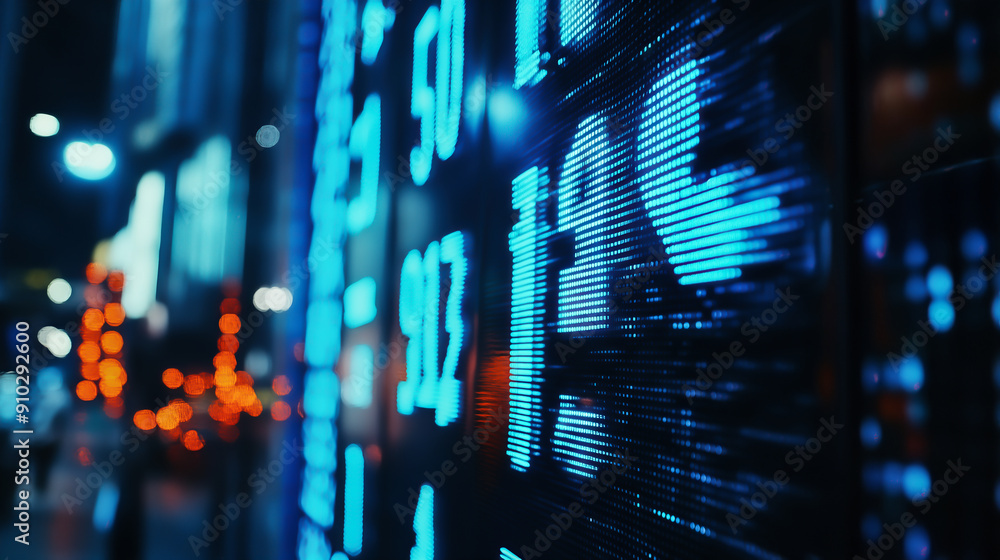 Poster close-up of digital stock market display board showing various figures and values in blue, indicatin