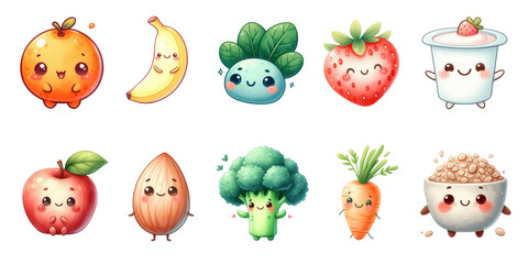 Watercolor Cute Fruit and Vegetable Stickers Set - Strawberry, Apple, Banana, Orange, Spinach, Broccoli, Carrot, Almond, Yogurt, Oatmeal Bowl - Adorable Face Illustrations - Printable Sticker Set PNG