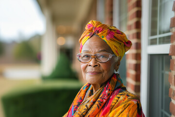 Elderly women on a bench on the porch of her house, concept of caring for the health of the elderly, international day of older persons