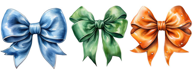 Blue, orange and green bow isolated on transparent background, set of different colored bows in png