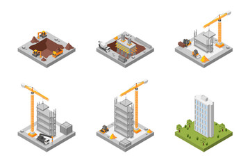 Obraz premium Isometric building process. Special machineries construction modern apartment build or skyscraper step by step. 3d flawless vector scenes