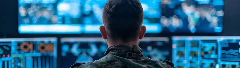 Fototapeta premium Command center during drone strike, military personnel, coordinated operation, tactical execution